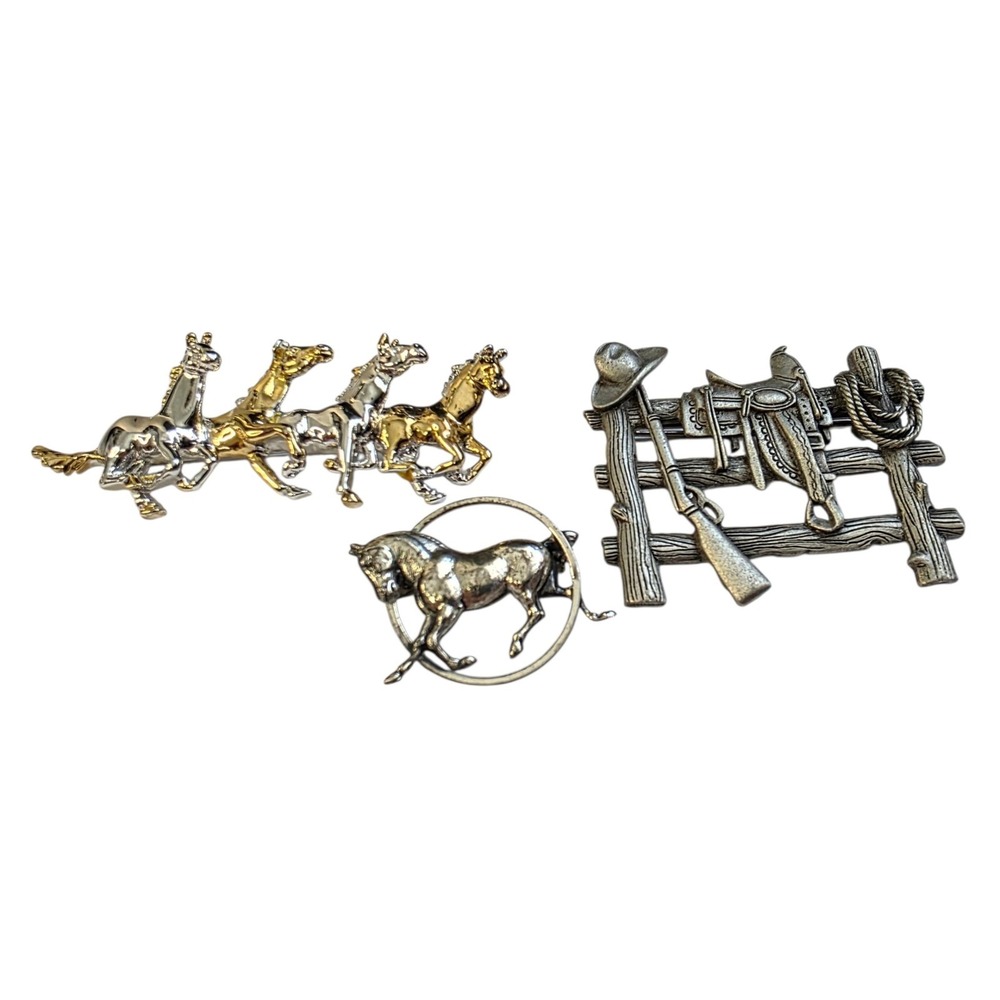 Vintage Horse Equestrian Brooch Lot Beau Sterling JJ Pewter Cowboy Pins Lot of 3